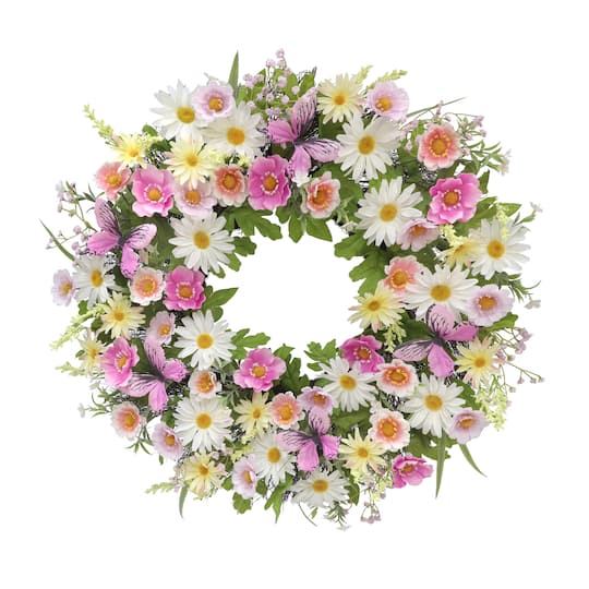 22" Pink, Cream & Yellow Daisy & Butterfly Mix Wreath by Ashland®